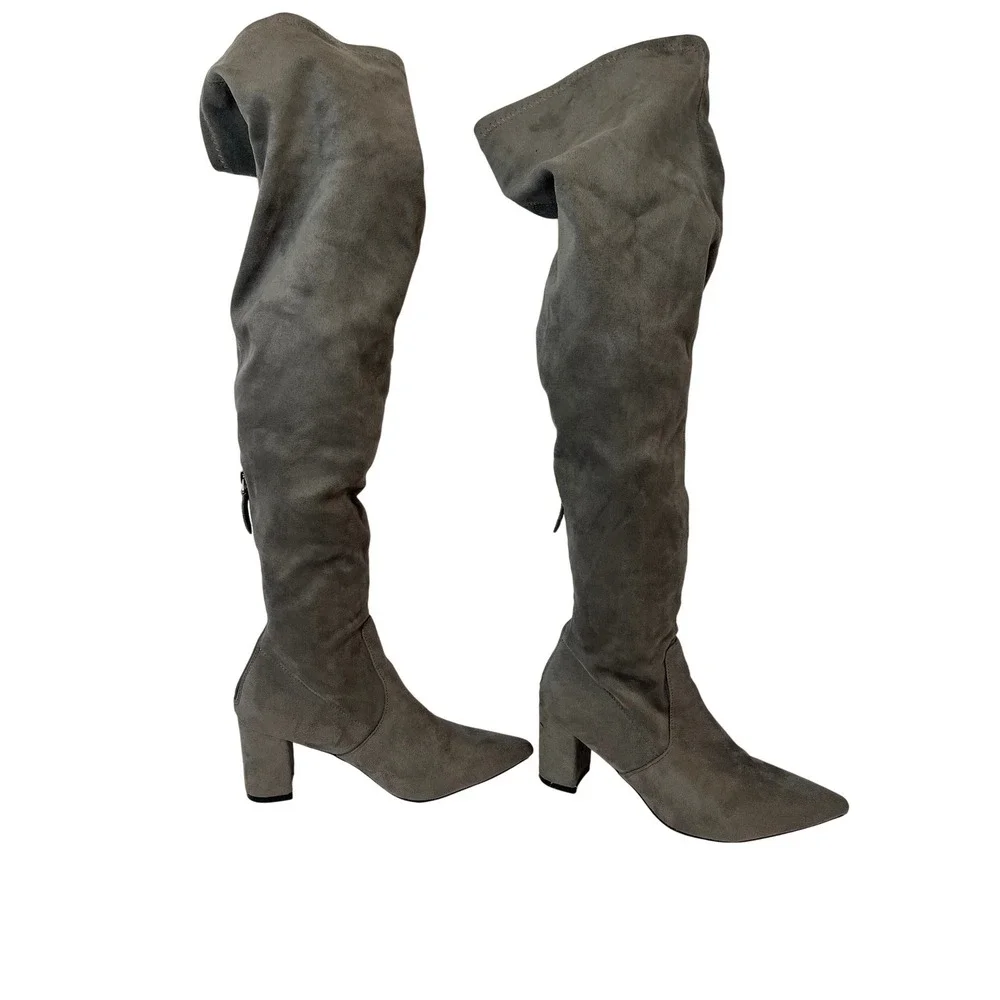 Gray Thigh High Pointed‎ Toe Block Heel Over the Knee Boots Women's Size 6
